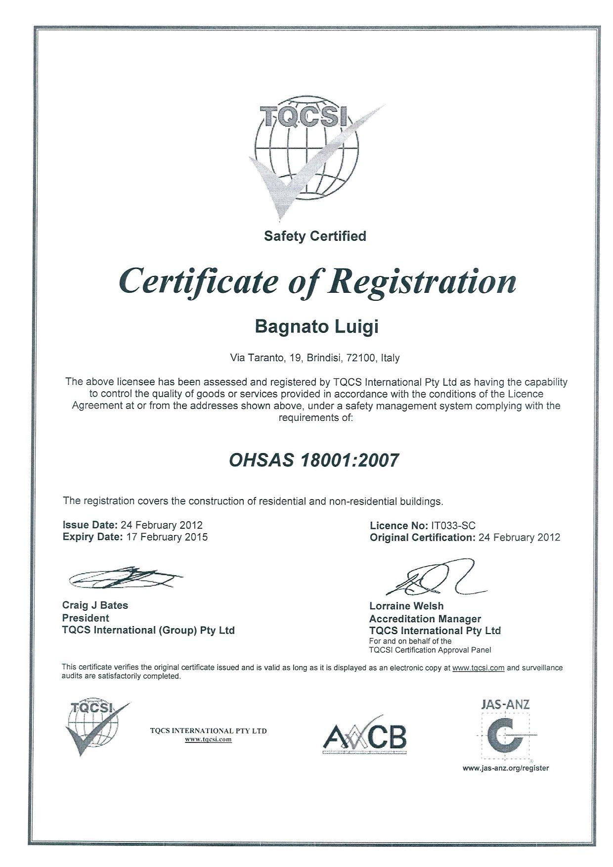 Gran Croce al Merito per l'Edilizia certificato OHSAS 18001 2007